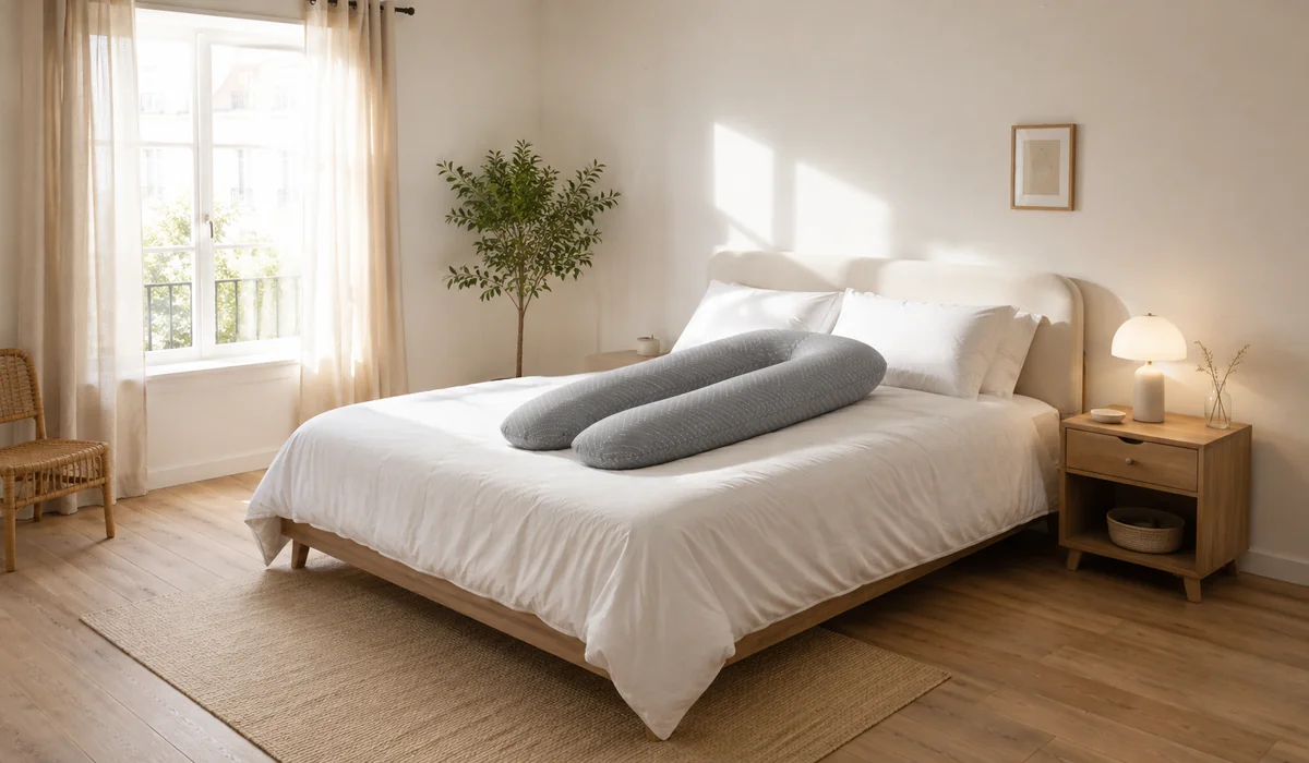 Modernes Schlafzimmer im Weißwinkel, gemachtes Bett mit dem U-förmigen Stillkissen darauf