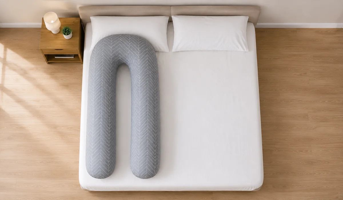 Senkrechte Draufsicht auf ein Doppelbett, das U-Kissen belegt eine Seite, die andere Hälfte bleibt frei