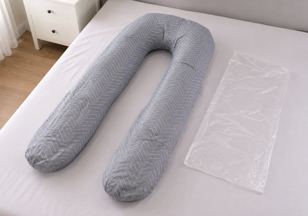 Frisch ausgepacktes Stillkissen, noch zusammengedrückt und unregelmäßig, flach auf einem Bett, daneben die gefaltete Verpackung