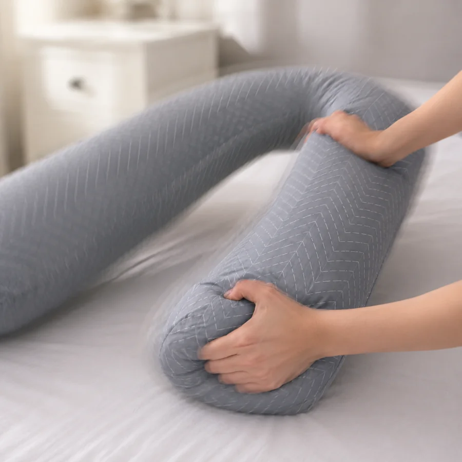 Zwei Hände schütteln das Kissen an einem Schenkel, um die Füllung neu zu verteilen