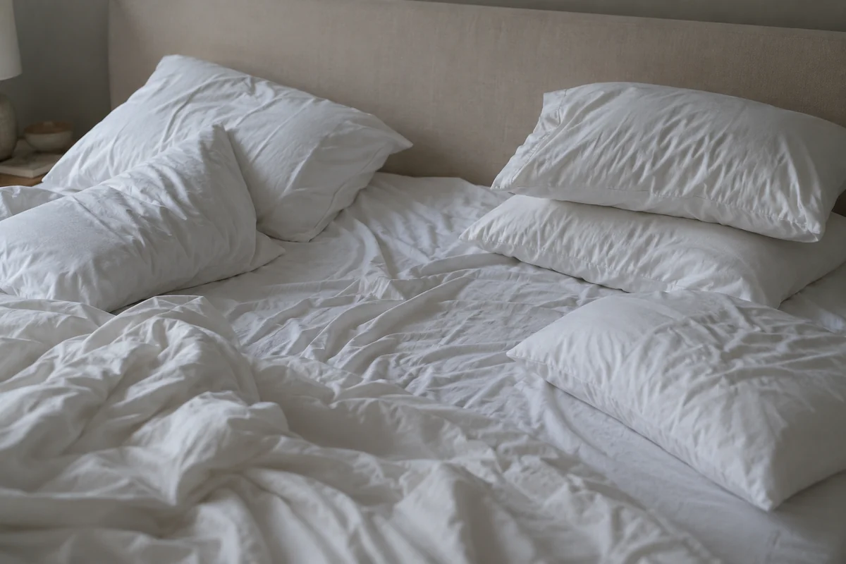 Zerwühltes Bett am frühen Morgen, mehrere gewöhnliche Kissen um eine leere Mulde